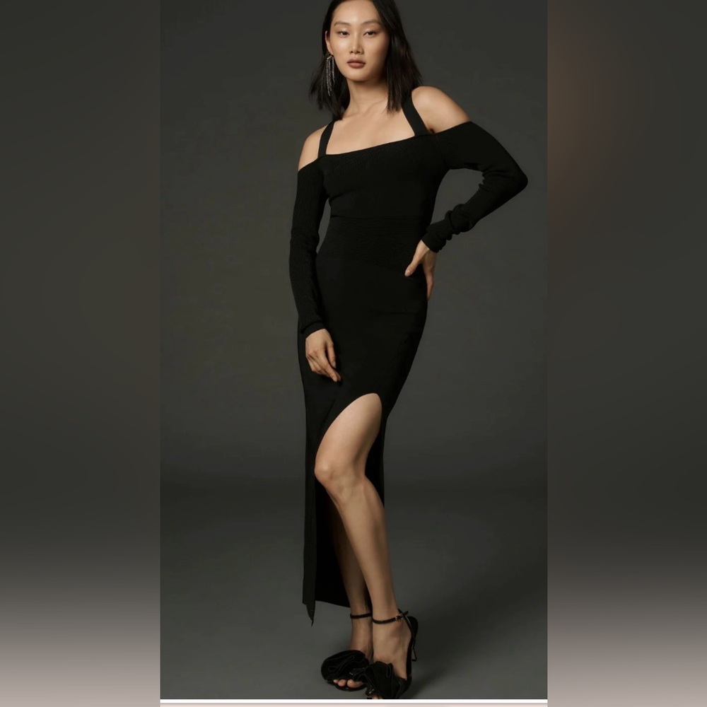 Anthropologie Long Sleeve Off Shoulder Slim Knit MIDI Dress Ribbed Women’s Large